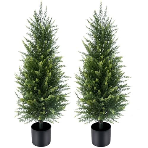 3 ft Artificial Cedar Topiary Trees Set of 2 Front Porch | Compact 3FT, Realistic Faux Cedar, Stable Base, No Watering Needed, for Porch Patio Garden Entryway Home Office - color: Green, size: 3FT