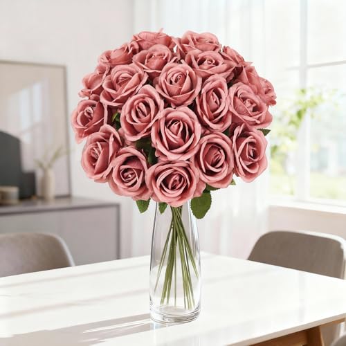 20PCS Artificial Roses with Long Stems - Realistic Silk Flowers, Fake Roses Real Touch Bouquet of Roses for Mother's Day, Home Decor, Bridal Wedding Party, Bulk Faux Rose Flowers (Dusty Rose) - color: Dusty Rose, size: 20 PCS