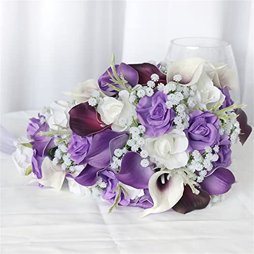 Purple White Wedding Bouquets for Bride Bridesmaid Artificial Flower Handheld Cascade Bridal Tossing Bouquet for Wedding Anniversary Bridal Shower Party Valentine's Day Party Decorations - color: Purple Bouquets