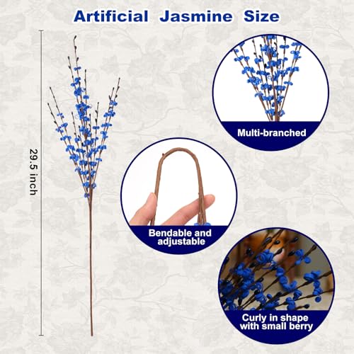 5Pcs Jasmine Blue Flowers Artificial, 29.5"/75cm Long Stem Patriotic Flower with Mini Berry Bouquet for Graduation Party DIY Floral Art Arrangements Home Entrance Decor - color: Blue, size: 5 PCS