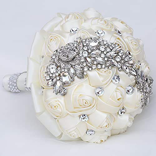Wedding Bouquets for Bride Bridesmaid Brooch Bouquet Handmade Artificial Rose Flower Tossing Bouquet for Wedding Ceremony Anniversary(Ivory,15cm) - color: Ivory, size: 5.9''/15cm