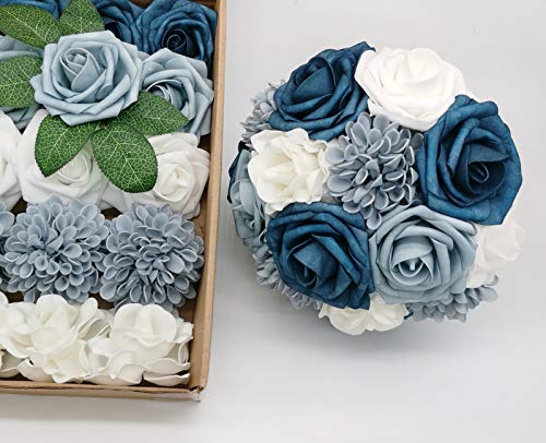 Artificial Flowers Combo Delicate Elegant Dusty Blue Mixed Flowers with Stem for DIY Wedding Bouquets Centerpieces Baby Shower Party Home Decorations - color: Elegant Dusty Blue