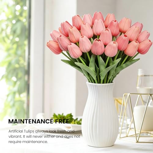 30 PCS Artificial Tulips Real Touch Tulips 13.5inch Long Stem Fake Flowers Silk Flowers for Spring Easter Mother's Day Decorations（Candy Pink） - color: Candy Pink