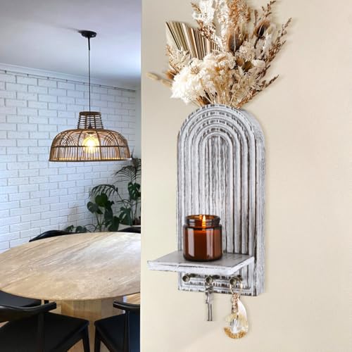 3-in-1 Wooden Wall Organizer - Planter Vase + Candle Sconces + Hooks (No Dried Flower)- Farmhouse Hanging Decor Boho Wall Art for Indoor Plants Artificial Eucalyptus for Living Room Bedroom Washwhite - color: Washwhite