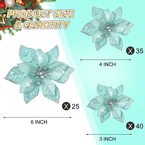 Geosar 100 Pcs 3 Size Christmas Poinsettia Flowers with Clips Glitter Artificial Flowers Small Christmas Tree Ornaments Faux for Xmas Party DIY Craft Wreath Garland New Year, 3/4/6 Inches(Mint Green) - color: Mint Green