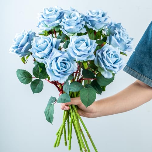 Ttranewsoo Fake Roses Faux Flowers Silk Roses 12PCS Artificial Roses with Stems Realistic Artificial Flowers Suitable for Indoor Home Decoration Diy Bouquet Wedding Decor Party Decoration （Blue）16.5“ - color: Blue 12pcs