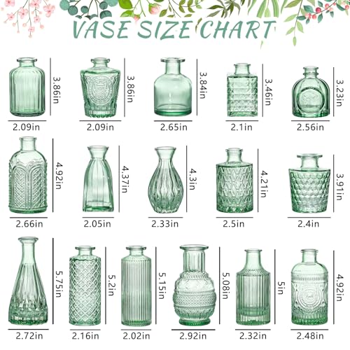 SUPMIND Glass Bud Vase Set, 16pcs Small Green Flower Vases for Table Centerpieces in Bulk, Mini Vintage Vase for Wedding, Home, Table Decoration - color: Green