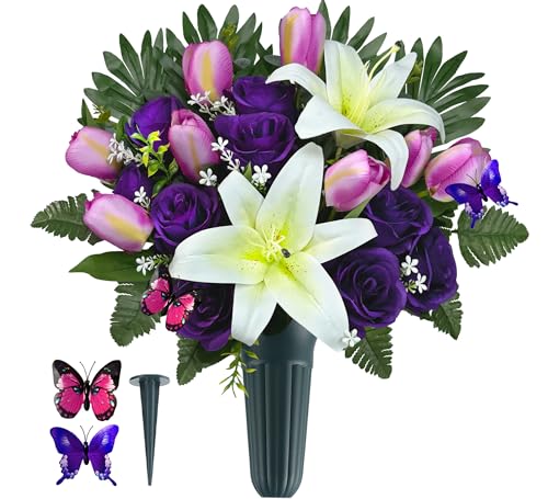 Cemetery Flowers with Vases for Grave Decor, Silk Lily Rose Tulip Headstone Flower,Tombstone Flower - Bright and Colorfast,Purple/White,2 Lovely Butterflies Included