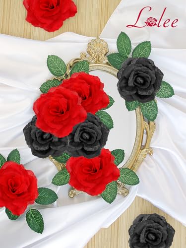 108pcs Roses Head Flowers with Stem - Red Black Artificial Flowers Rose Bulk - Silk Rose Fake Flower for Graduation Casino Theme Hollywood New Years Movie Night Birthday Decorations - color: Red-black