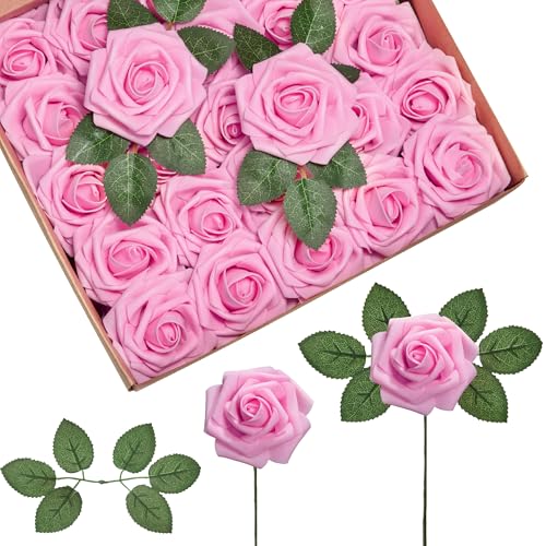 InnoGear Artificial Flowers, 50 Pcs Pink Foam Fake Roses Bulk with Stems for Decoration DIY Wedding Bouquets Centerpieces Bridal Shower Party Valentines Christmas Tree - color: Pink