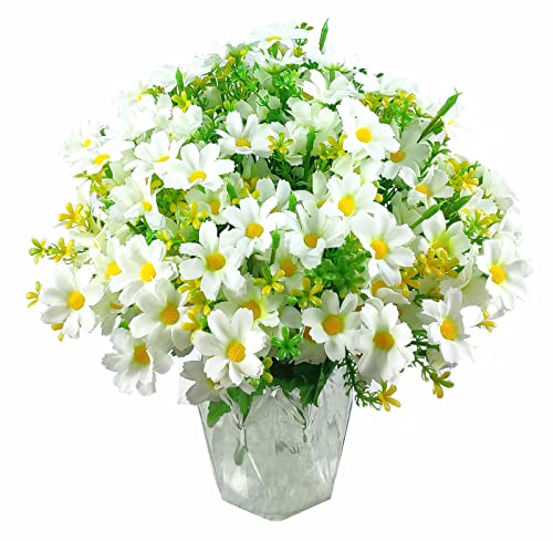 Artificial Daisy Flowers 6 Bundles, UV Resistant Fake Silk Flowers, No Fade Greenery Shrubs Plants for Garden Farmhouse Porch Wedding Indoor Outdoor Home Decor (White) - color: White
