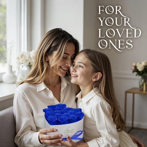 GLAMOUR BOUTIQUE Preserved Roses in a Box - Gifts for Her, Wife & Mom, Rose Flowers Forever Decor for Birthday Gift, Get Well Flower Bouquet Cased in White Box with Cover, Blue, 16 (Color-Treated) - color: Blue, size: 16 Roses Heart Box