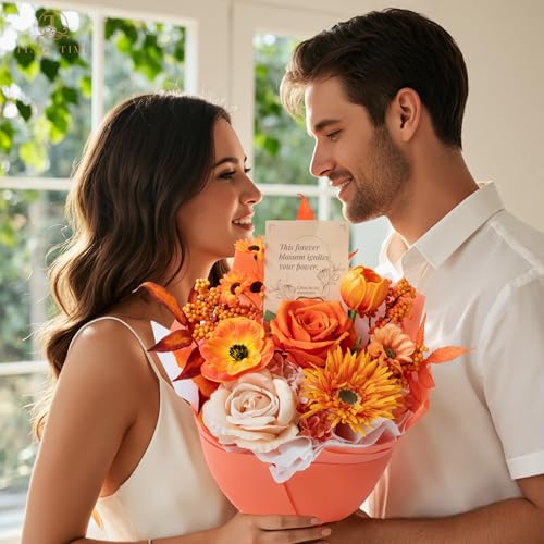 TINGE TIME Preserved Flowers Bouquet, Sunflower and Rose Bouquets, Orange Artificial Flowers Bouquet for Table Centerpiece Mothers Day Gifts Birthday Gifts Wedding Anniversary Housewarming - color: Brunt Orange