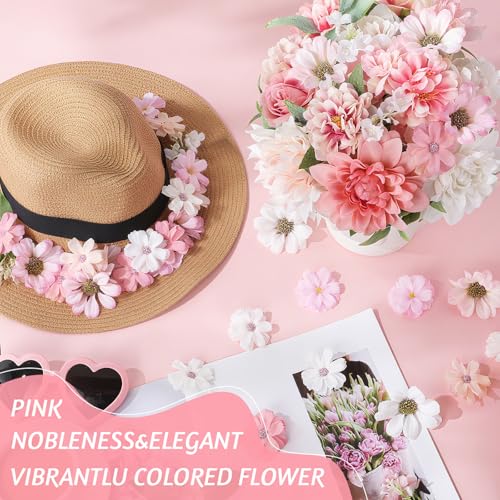 Janinka 100 Pcs Pink Assorted Fake Flower Heads with Long Stem Mini Artificial Flower Bulk Mix Silk Faux Daisy for Crafts Fake Peony Rose for DIY Wedding Party Wreath Home Decoration - color: Pink