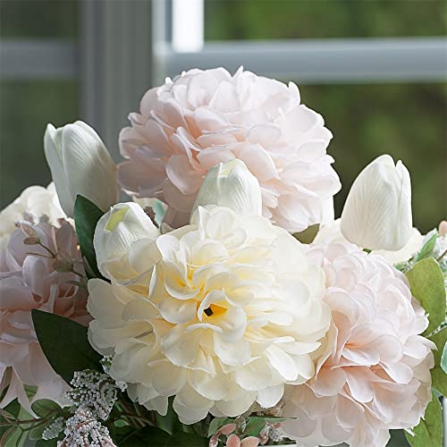 ENOVA FLORAL Artificial Tulips Flowers in Vase, Artificial Flowers Tulips Real Touch and Dahlia Silk Flower in Vase for Dining Table Decoration Wedding, Home Decor Indoor (Cream Pink) - color: T& D Cream Pink