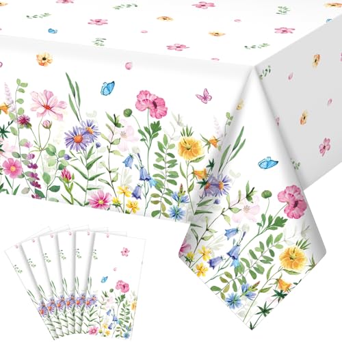 6Pcs Spring Floral Plastic Tablecloth,Pink Purple Blue Flower Butterfly Disposable Table Cover for Home Decor Summer Spring Picnic Dining Holiday Weeding Birthday Tea Party Decorations,54x108 Inch - size: 108" X 54" (Rectangular) - 6 Pack