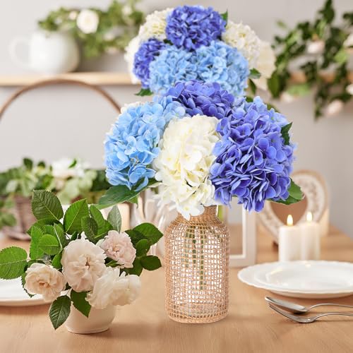 6 pcs Real Touch Hydrangea Artificial Flowers, 20 Inch Blue White Lifelike Fake Hydrangeas Bouquet with Bendable Stems & Leaves for Wedding Centerpieces, Home Decor, Vase Arrangements