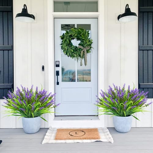obbsie 12 Bundles Artificial Plants Outdoor, 18.2" UV Resistant Faux Monkey Grass Greenery Stems No Fade Faux Plastic Flowers Shrubs for Home Weddings Garden Porch Front Patio Office Decor - Purple - color: Purple, size: 12 Pcs