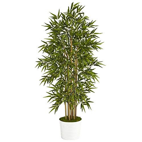 Nearly Natural 64in. Bamboo Artificial Tree in White Tin Planter