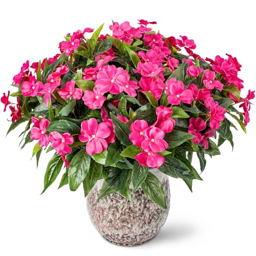 Nigirior Artificial Fake Flowers for Outdoor Décor 6 Bundles UV Resistant Fake Plants for Planter Faux Impatiens for Home Porch/Garden Stunning（Rose Red） - color: Rose Red