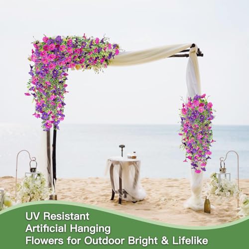 Artificial Flowers for Outdoors Fake Morning Glory Hanging Flower Decoration, 4 Pcs Realistic Faux Plants Petunias Trailing Vines, Spring Decor for Porch Patio Balcony Planter Yard(Purple+Fuchsia) - color: Purple+fuchsia, size: 4 Pcs
