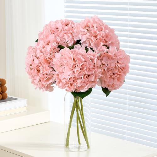 8Pcs Blush Fake Flowers Silk Hydrangea Artificial Flowers Bouquets Faux Hydrangea Stems for Home Table Centerpieces Wedding Party Decoration - color: Blush