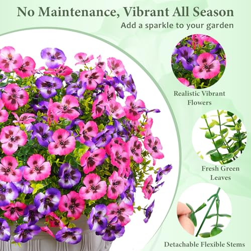 MARTINE MALL 12 Bundles Look Real Artificial Flowers for Outdoors, Realistic Fake Outdoor Flowers, UV Resistant Silk Pansy Flowers for Outside Faux Flowers Plants for Outdoor Porch Patio, Pink+Purple - color: Pink+purple, size: 12 Bundles