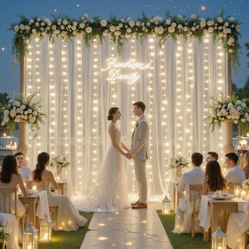 Ivory Sheer Backdrop Curtains with Lights String for Parites Wedding 10×8ft Tulle Backdrop Curtains for Baby Shower Birthday Party Photo Shoot Background Decorations - color: Ivory, size: 10 ft X 8 ft(2 Panels 5ft X 8ft)
