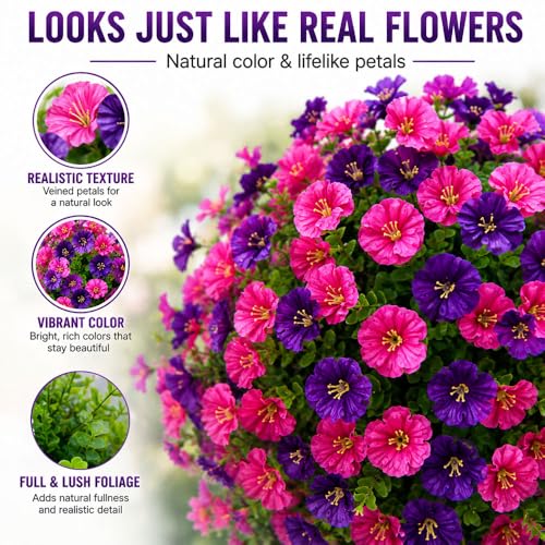 Artificial Petunias with Ground Stake - UV Resistant & Waterproof Faux Flowers for Outdoor Indoor Garden, Yard, Planter, Porch & Home Decor (Style D,2 Pcs) - color: Style D ,2 Pcs