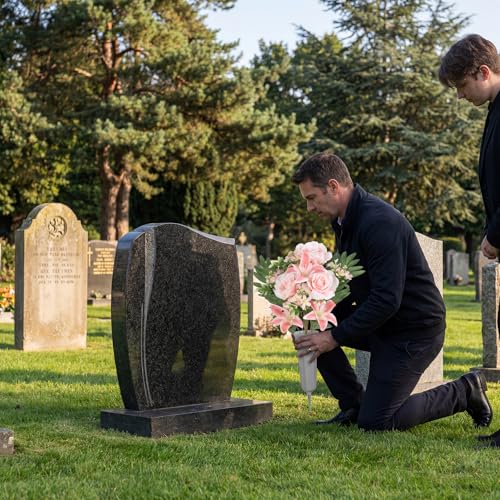2Sets Artificial Cemetery Flowers with Cemetery Vase Pink Artificial Rose Lily Graveyard Memorial Bouquets for Memorial Day Outdoor Grave Cemetery Headstones Decorations (Pink) - color: Pink