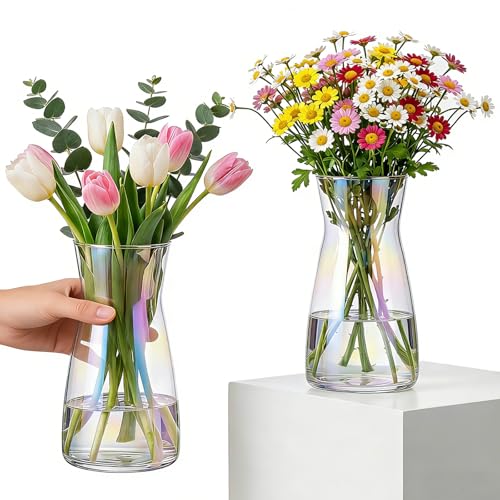8 inch Flower Vase,Set of 2 Glass Vases for Flowers,Clear Glass Flower Vase for Centerpieces Table,Flower Bouquet Decoration,Wedding Decor Gift,Birthday,Living Room,Dining Table,Colorful - color: Iridescent