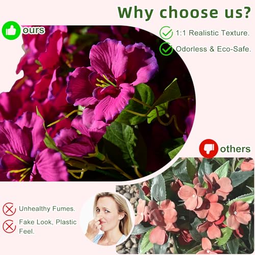 Hibiscus Artificial Hanging Flowers Plants for Outdoors 4 Pcs Fake Flower Faux Silk Hibiscus Long Trailing Vines Realistic Flower for Outside Front Door Porch Patio Balcony Garden Yard (4 Pcs Fuchsia) - color: 4 Pcs Fuchsia