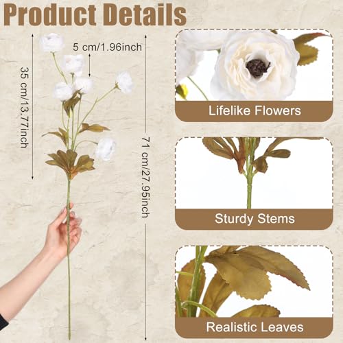 Zeyune 8 Stems Faux Peony Artificial Flowers, 28 Inch Long Stem Fake Silk Peonies, Vintage Creamy White Floral Branches with 6 Heads for Wedding Centerpiece, Tall Vase, Home Decor