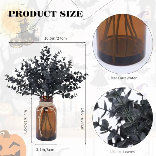 Coferset Black Eucalyptus Stems in Glass Vase with Faux Water for Halloween Decorations, 14" Eucalyptus Fake Plants for Home Bathroom Office Kitchen Farmhouse Shelf Centerpiece Coffee Table Decor - color: Black