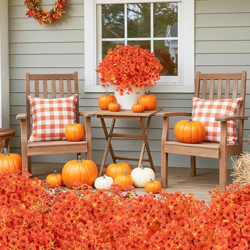 24 Bundles Artificial Fall Flowers Outdoor UV Resistant Fake Mums Bulk Outdoor Faux Mums Plants Plastic Flower Decorations for Home Garden Porch Hanging Planter Vase Autumn Decor Outside, Orange - color: Orange, size: 24PCS