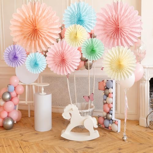 9PCS Huge Pastel Hanging Paper Fans Decoration Macaron Birthday Party Decorations Rainbow Ice Cream Easter Paper Hanging Decor for Bridal Baby Shower Classroom Home Decor - color: Pastel