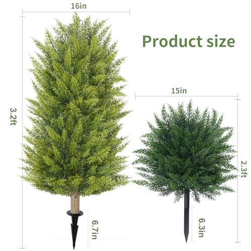DREAMLOOM Artificial Topiary for Outdoors 3ft Artificial Cedar Trees 2 Set Fake Pine Tree with Spike Faux Shrubs Bushes Outside Front Porch Planter Garden Decor Entryway Home