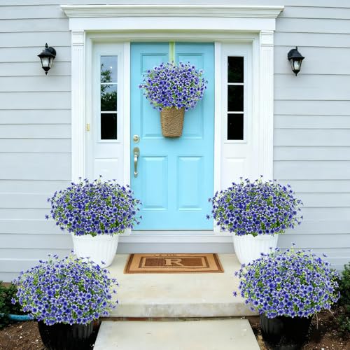 Bassion 20 Bundles Artificial Flowers for Outdoors Decorations, UV Resistant Faux Plants Fake Silk Flowers for Outside Daisy Hanging Planters Window Box Front Door Porch Patio Yard Home Decor - color: Blue