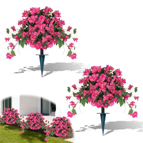 Artificial Bougainvillea Topiary Trees Set of 2, Pink Fake Shrubs Bushes with Ground Spike, Faux Evergreen for Porch Plants, UV Resistant Artificial Flowers for Outdoors Indoor Front Garden - color: Bougainvillea
