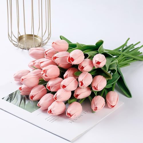Sggvecsy 30 Pcs Fake Tulips Artificial Flowers Real Touch PU Faux Flowers Tulip Stems for Wedding Spring Bouquet Floral Arrangement Home Party Office Decorations for Mother's Day (Milk Pink) - color: Milk Pink, size: 30 Pcs