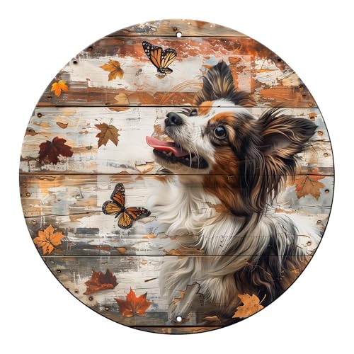 Vintage Papillon Dog Round Metal Sign Papillon Fall Sign Wall Art Rustic Dog Wreath Wall Decoration for Indoor Outdoor Home Porch Window Decor 12 Inch - color: Thanksgiving 6, size: 12 inches