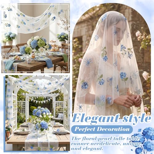Mindsoft 3 Pcs Hydrangea Floral Table Runner 10ft Gauze Embroidery Blue Hydrangea Decor Flower Spring Summer Tulle Lace Table Runner for Wedding Bridal Baby Shower Holiday Dining Decor DIY - style: Hydrangea
