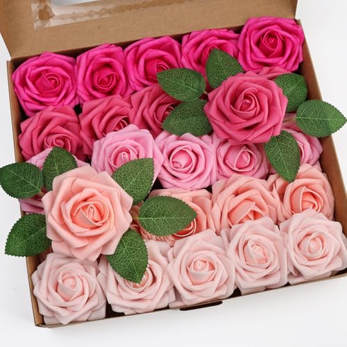 25pcs Artificial Flower，Real Looking Foam Roses w/Stem for DIY Wedding Bouquets Centerpieces Bridal Shower Party Decor-Shades of Hot Pink - color: Shades of Hot Pink