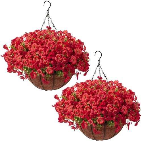 Hananona 24 Pcs Artficial Outdoor Flowers with Hanging Baskets, 2 Pack Hanging Planter with Red Outdoor Spring Flowers for Christmas Porch Home Patio Yard Decor (2, Red) - color: Red