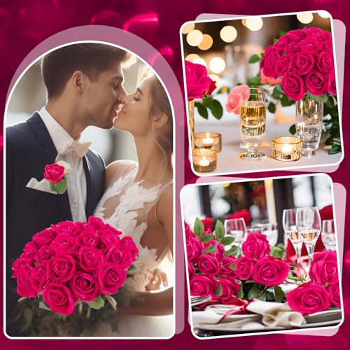 90 Pcs Hot Pink Velvet Rose Artificial Flowers with Long Stems, Fake Silk Roses Real Touch Fake Roses Florals for Birthday Wedding Bouquet Party Arrangement Decorations - color: Hot Pink