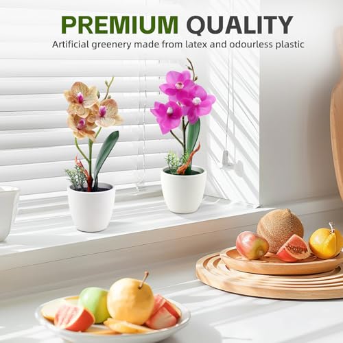 2Pcs Artificial Flowers Fake Orchid Phalaenopsis Small Potted Plant Ceramic Vase for Home Decor Bathroom Office Desk Wedding Decoration(Purple & Brown) - color: Purple & Brown
