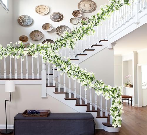 Artificial Flowers Garland 2PCS White Artificial Silk Morning Glory Vine Artificial Flowers Hanging Eucalyptus Garland for Wall Fence Arch UV Protected Indoor Outdoor Decor - color: White