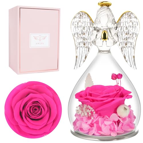 Miofula Gifts for Mom Birthday Gifts for Women, Preserved Flowers Rose in Glass Angel Figurines, Fresh Flowers for Delivery Anniversary Forever Real Roses Gifts for Mothers Grandma Her Wife Girlfriend - color: Radiant Pink