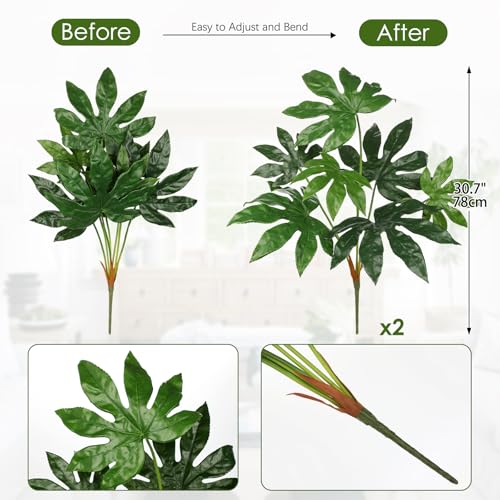 Hollyone 2PCS Artificial Fatsia Jaonica Leaves 30.7" Fake Tropical Monstera Bushes Tree Leaf Large Faux Greenery Stem Shrub for Indoor Outdoor Home Garden Arrangement Jungle Safari Wedding Party Decor - color: Tropical Palm, size: Bushes
