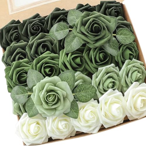 Artificial Flowers Roses with Stems for DIY Wedding Christmas Tree Bouquet Baby Shower Centerpiece Floral Arrangement Party Home Decor Mothers Day Decorations (Gradient Color Green, 25 Pieces) - color: Gradient Color Green, size: 25